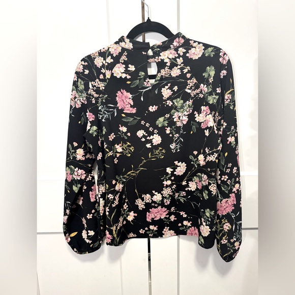 Black Floral Blouse, Long Sleeve, Keyhole Neck, Ruffle Detail, Feminine, Pretty - Picture 2 of 3